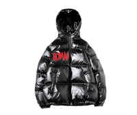 a black puffer jacket with red lettering on it
