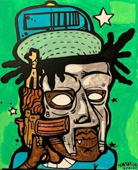 a painting of a man with a gun on his head