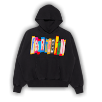 a black hoodie with multicolored letters on it