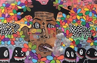 a colorful painting of a man with a flower on his head